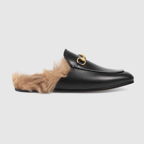 Black Leather Princetown Women's Slipper With Lamb Wool | GUCCI