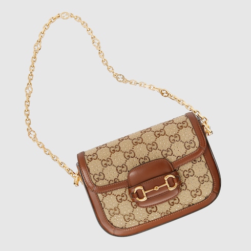 Gucci Horsebit 1955 mini shoulder bag in camel and ebony canvas | GUCCI® US