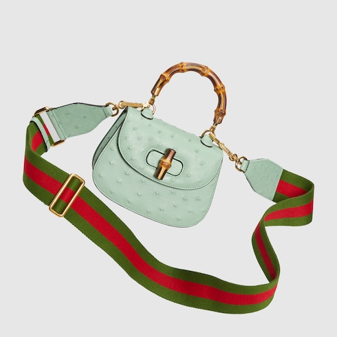 Gucci Bamboo 1947系列竹节鸵鸟皮迷你手袋
