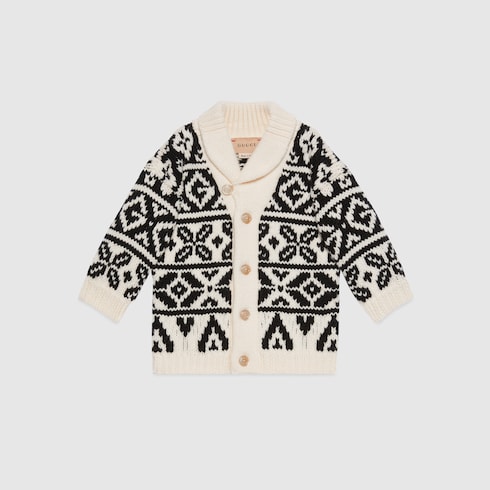 Baby fair isle knit wool cardigan in ivory and black GUCCI® NZ