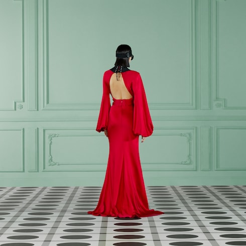 Open back long satin dress in red | GUCCI® Canada