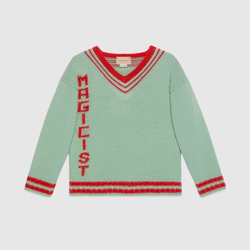 Children s wool jumper in turquoise and red GUCCI Australia