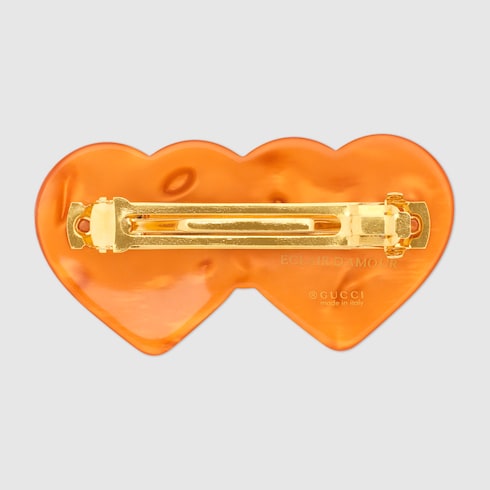 Double heart resin hair clip in orange and blue resin