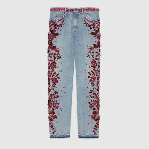 Denim trouser with floral embroidery in light blue | GUCCI® SG