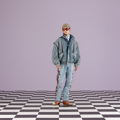 Denim trouser with floral embroidery in light blue | GUCCI® SG
