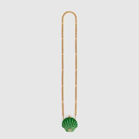 すぐ届く！GUCCI クリスタル付 シェル型 MINAUDIERE Shell-shaped minaudière with crystals in green resin | GUCCI® SG