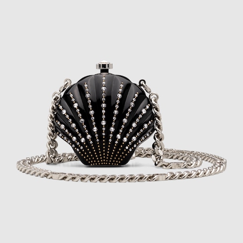 すぐ届く!GUCCI クリスタル付 シェル型 MINAUDIERE Shell-shaped minaudière with crystals in black resin | GUCCI® SG