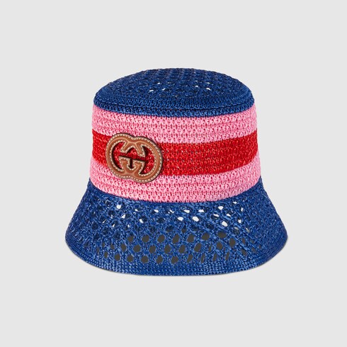 Raffia-effect viscose bucket hat in blue | GUCCI® GR