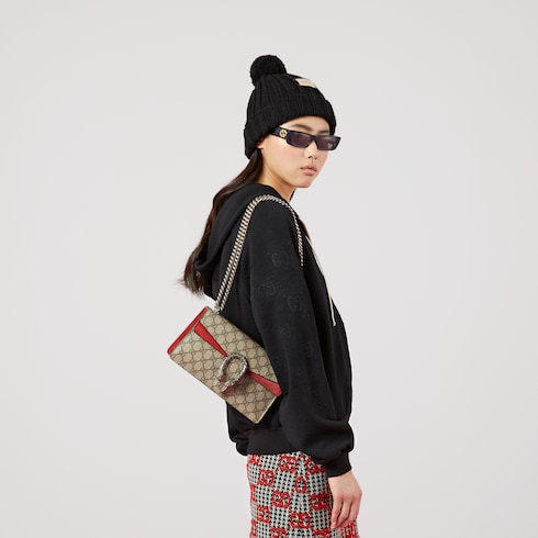Borsa a spalla Dionysus GG misura piccola in Supreme pelle scamosciata rossa GUCCI Italia