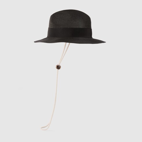 Raffia effect wide brimmed hat with bow in black GUCCI GR