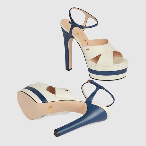 Women's platform sandal in off white and blue navy leather