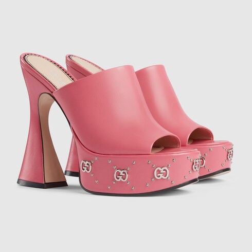 Women's platform slide sandal in pink leather | GUCCI® SG