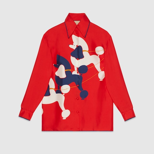 Silk shirt with dog print in red | GUCCI® SG