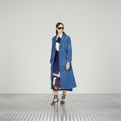 Silk skirt with dog print in blue | GUCCI® SG