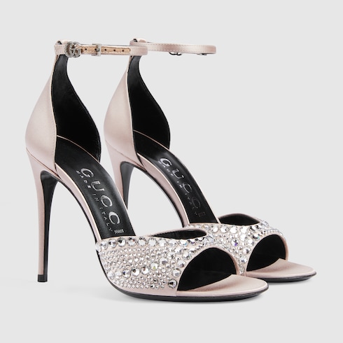 Women s high heel sandals with crystals in silver satin GUCCI