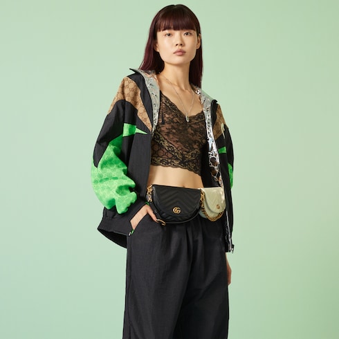 GG Marmont belt bag in black and white leather | GUCCI® SG