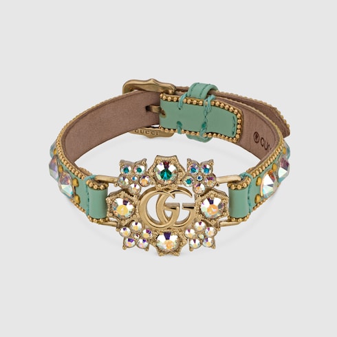 Gucci Double G crystal flower leather bracelet. 1