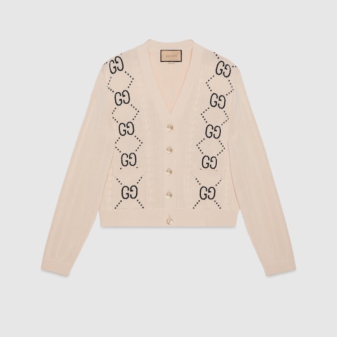 Cotton cardigan with GG intarsia in ivory | GUCCI® US