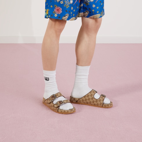 Herrenpantolette mit Riemen in beige und ebenholz GG Canvas  