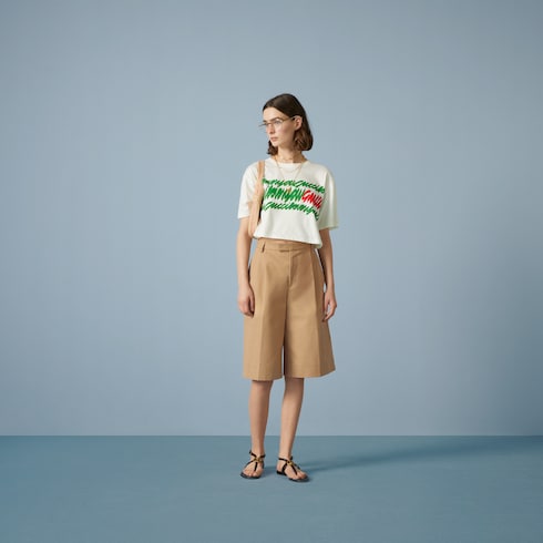 Cotton jersey printed cropped T-shirt