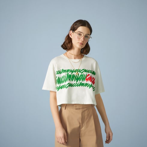 Cotton jersey printed cropped T-shirt