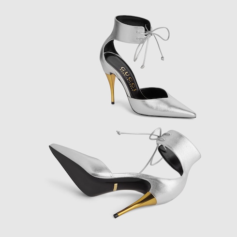 Women's high heel pump in metallic silver leather | GUCCI® SG