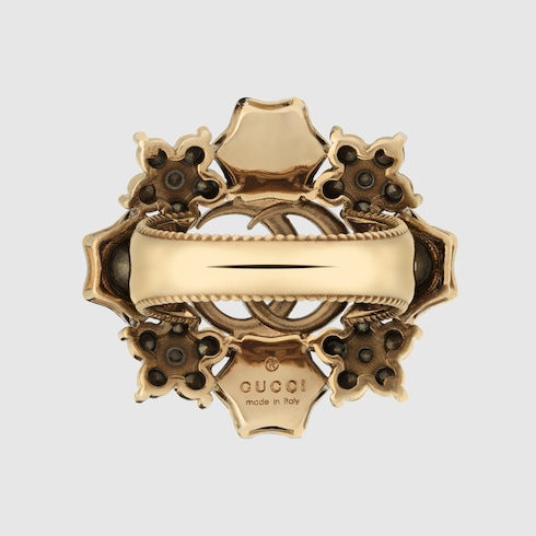 Ring mit Doppel G und Blumen mit Kristallen