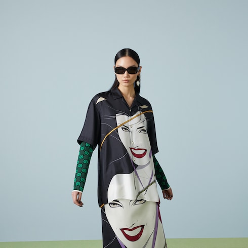 Silk twill Nagel print shirt in black | GUCCI® SG
