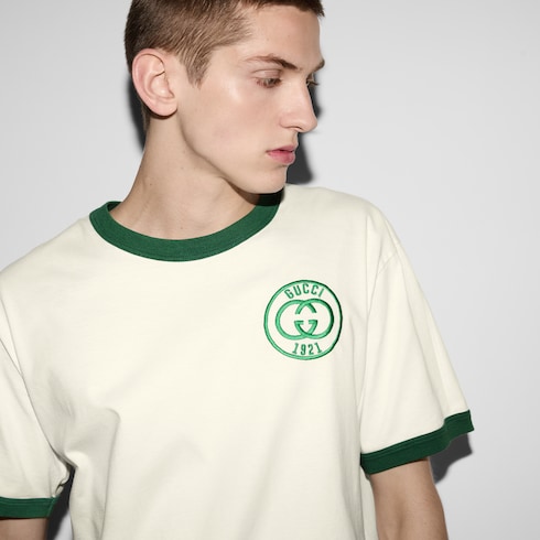 Cotton jersey T-shirt with Gucci embroidery in off white | GUCCI® US