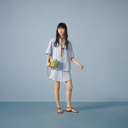 Double G flower striped cotton skirt in light blue | GUCCI® SG