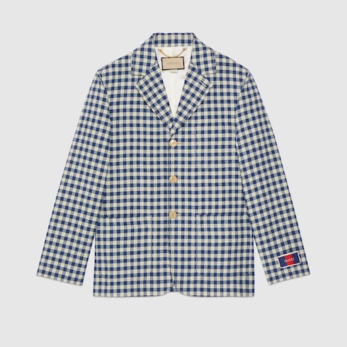 Gingham cotton linen jacket in ivory and blue | GUCCI® NZ