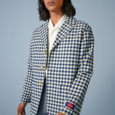 Gingham cotton linen jacket in ivory and blue | GUCCI® SG