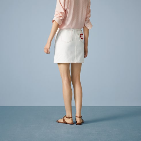 Cotton canvas skirt with embroidery in ivory | GUCCI® SG