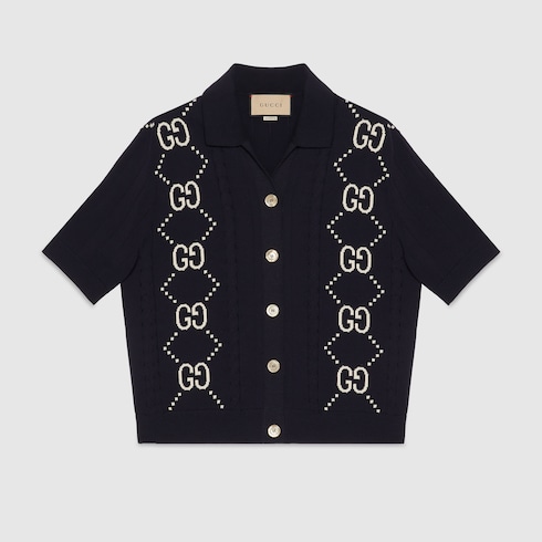 Cotton cardigan with GG intarsia in dark blue | GUCCI® US