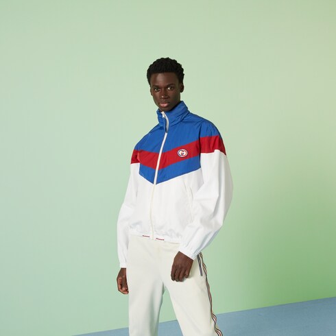 Nylon zip jacket with patch in white | GUCCI® US