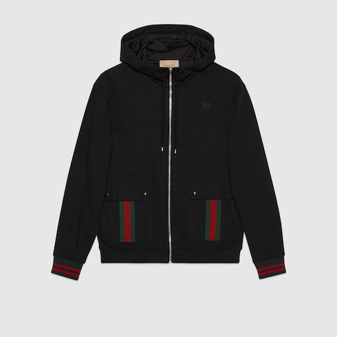 Cotton jersey hooded jacket with Web in black | GUCCI® US