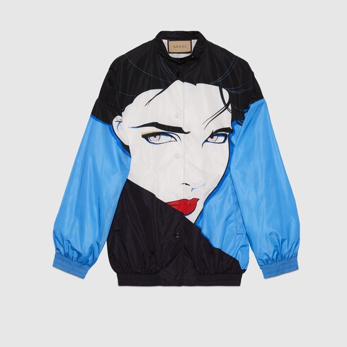 Nylon Nagel print bomber jacket in black and blue | GUCCI® SG
