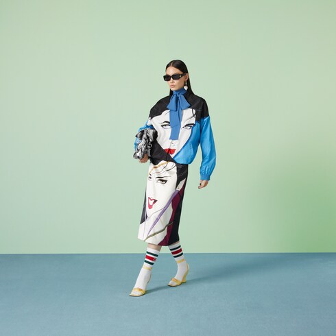 Nylon Nagel print bomber jacket in black and blue | GUCCI® SG