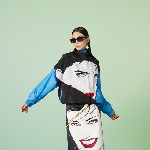 Nylon Nagel print bomber jacket in black and blue | GUCCI® SG