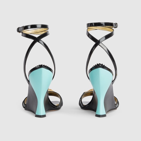Women's high heel sandal with hardware in black patent Women's high heel sandal with hardware in black patent