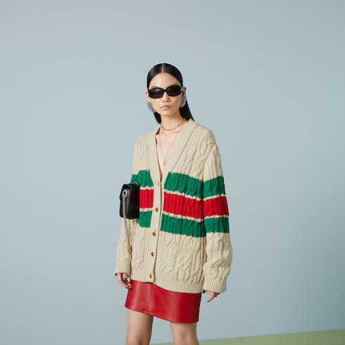 Cotton cardigan with Web in ivory | GUCCI® SG