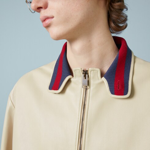 GUCCI Outerwear Men, Beige leather bomber jacket Beige