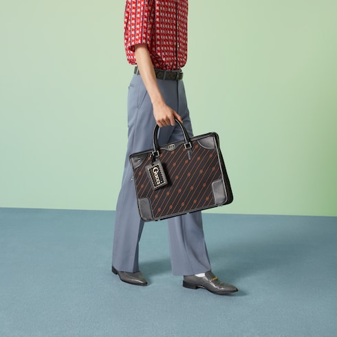 Interlocking medium briefcase in black and orange fabric