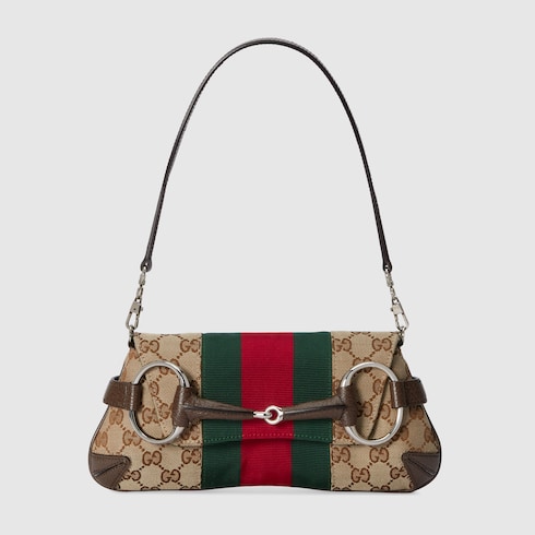 Bolso de hombro Gucci Horsebit Chain peque o en lona GG en beige y