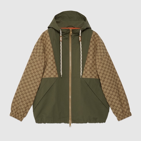 GG cotton canvas zip jacket in green, camel and ebony | GUCCI® US