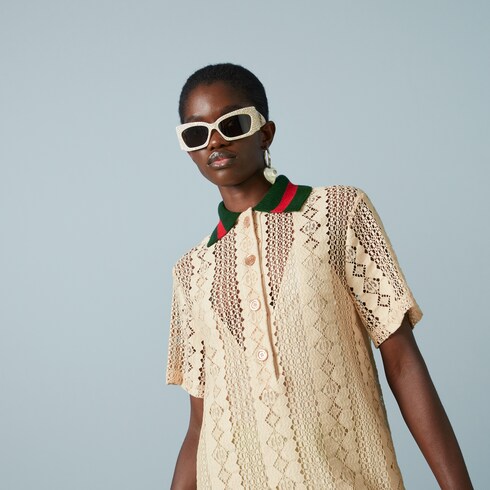 【新品未使用品】Gucci LACE SHIRT DRESSワンピース GG stripe lace polo dress in off white | GUCCI® SG