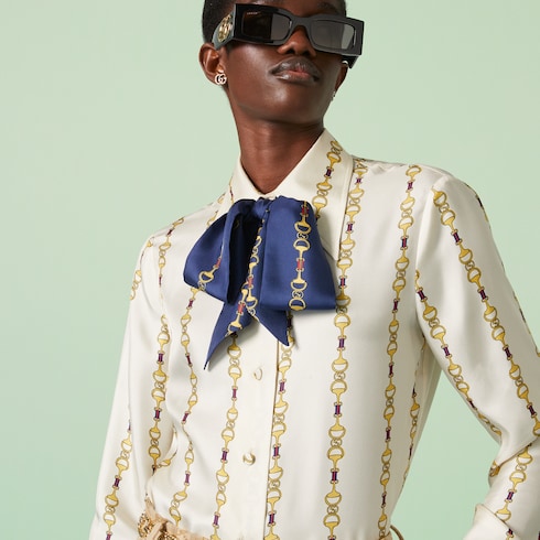 Camicia in seta con stampa Morsetto con Incrocio GG in avorio