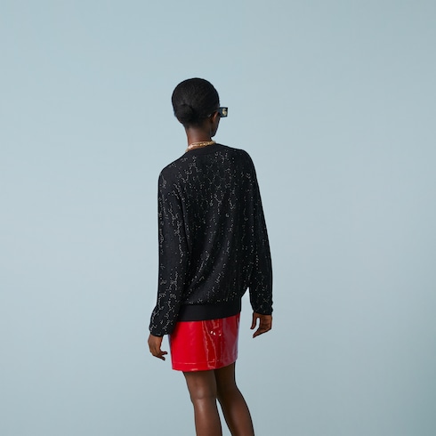 Cardigan en laine fine à motif GG et cristaux