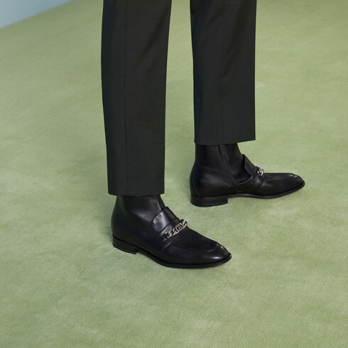 Men's bootie with Interlocking G chain in soft black leather