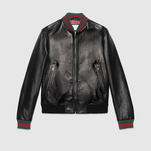 Jacke aus Leder mit Webstreifen in Schwarzes Leder GUCCI BE